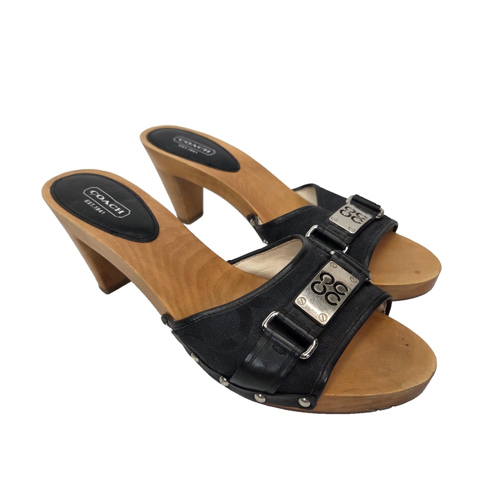 Coach Quinn Black Wood Heel Slides Sandals Y2K Monogram Logo Mule Shoes 10B